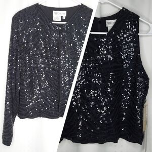 Worth Sequin Cardigan Set Large Vneck Sleeveless One Button Long Sleeve Black